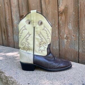 OLD WEST Boys Cream Brown Leather Cowboy Western Boots Size 1